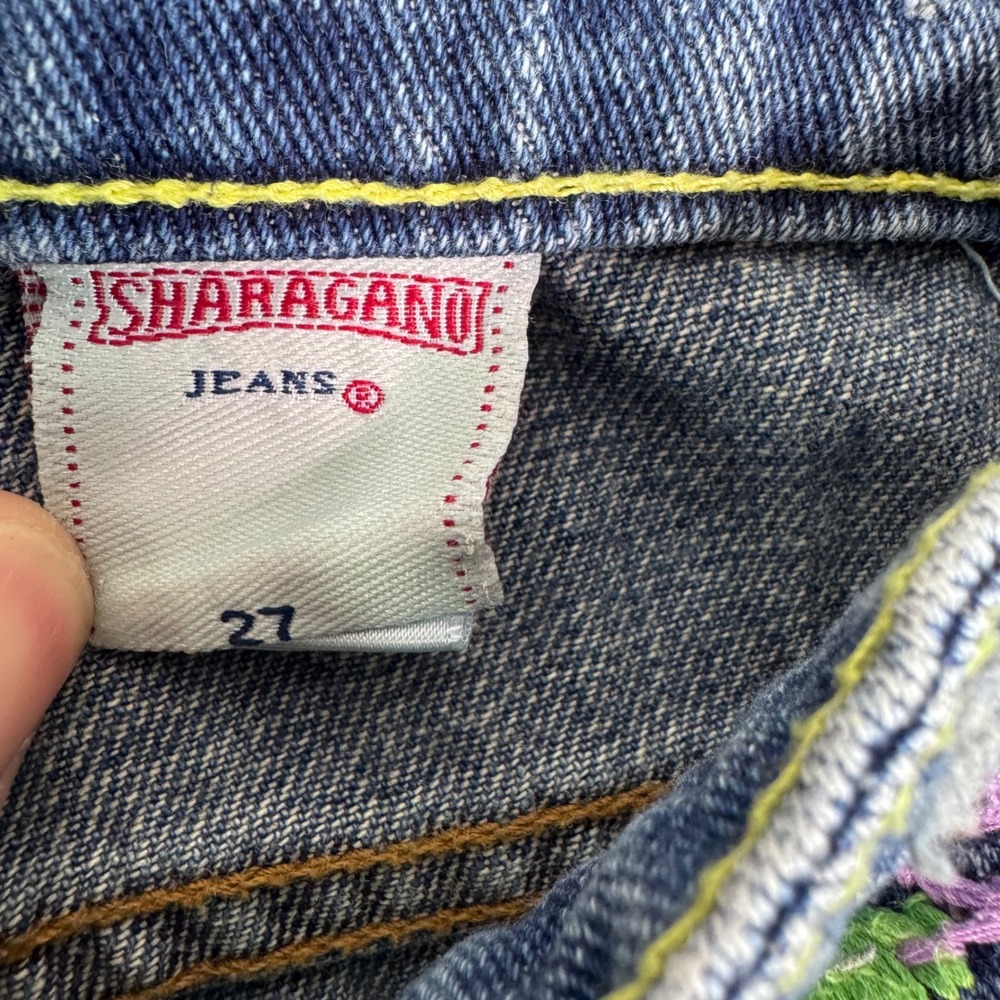 Sharagano Jeans Womens Blue Embroidered Floral Peacock Distressed Flare Y2K 28 - Picture 8 of 13